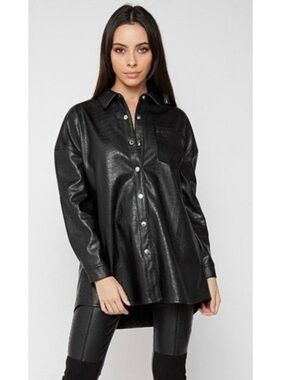 Maniere de Voir Croc Faux Leather Button Down Tunic Shirt Black 6
